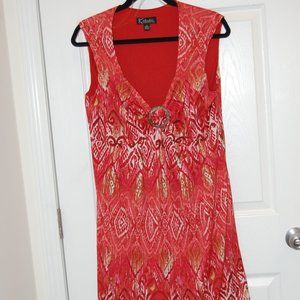 K Studio Collection Women's Red/Beige Patterned Dress W/ Gathered V Neck Size 12